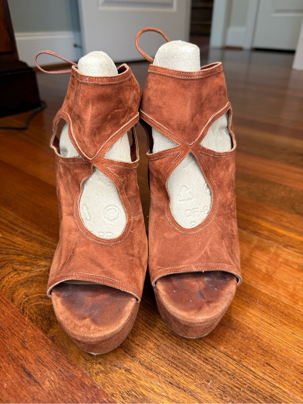 Aquazzura Open-Toe Suede Platforms in Rust Brown with Lace-up Detail